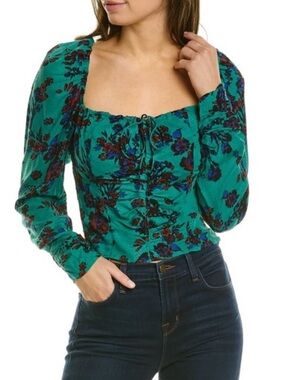 Free People Hilary Printed Keyhole Top in Teal Floral NWOT size Large